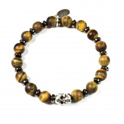 Bracelet Tiger's eye matt and skull patinated pewter