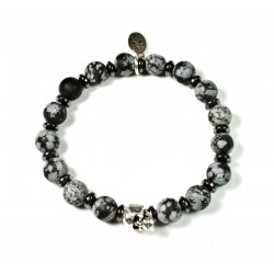 Bracelet Obsidian Matte Snowflake and patinated pewter skull