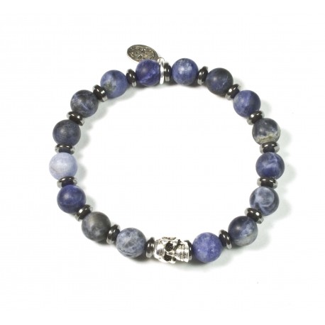 Bracelet en Sodalite mat et tête de mort étain patiné