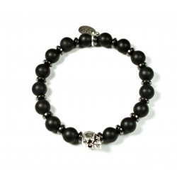 Bracelet matte black onyx and patinated pewter skull