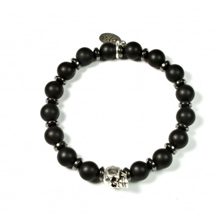 Bracelet en Onyx noir mat et tête de mort étain patiné