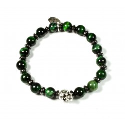 Bracelet Green tiger eye and patinated pewter skull