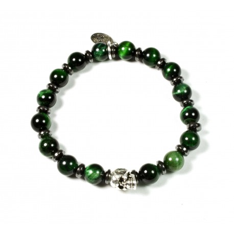 Bracelet Œil de tigre vert et tête de mort plaqué argent