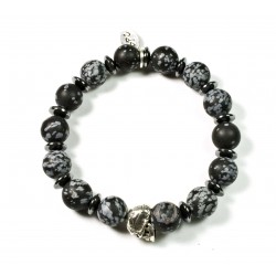 Bracelet Obsidian matt snowflake and patinated pewter skull