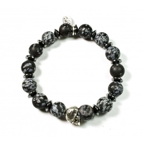 Bracelet Obsidienne flocon mat et tête de mort étain patiné