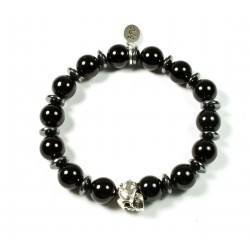 Bracelet Shiny black onyx and patinated pewter skull