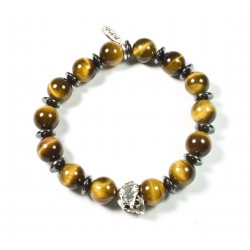 Bracelet tiger eye shiny and patinated pewter skull