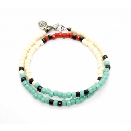 Bracelet double tour Matubo Turquoise, ivoire & rouge