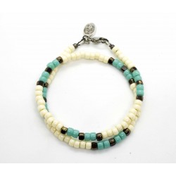 Bracelet double tour Matubo ivoire, turquoise & bronze