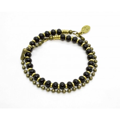 Bracelet double Onyx et chaine boule