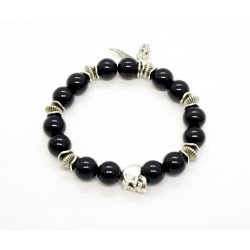 Shiny black Onyx and patinated pewter skull bracelet