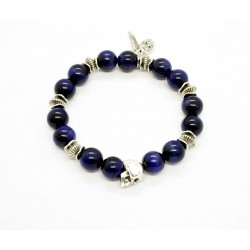 Blue tiger eye and pewter skull bracelet