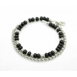 Bracelet double Onyx noir mat et tête de mort argentée