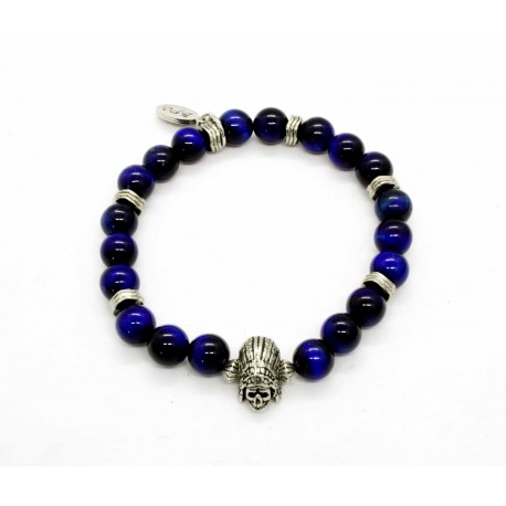 Bracelet Oeil tigre bleu et Indian skull
