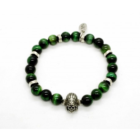 Bracelet Oeil de tigre vert et Indian skull