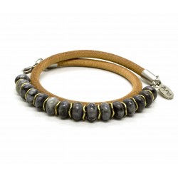 Bracelet double perle Labradorite et cuir