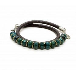 Bracelet double perle Chrysocolle et cuir