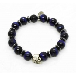 Blue tiger eye and patinated pewter skull bracelet