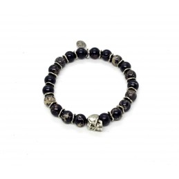 Bracelet jaspe noir, skull étain