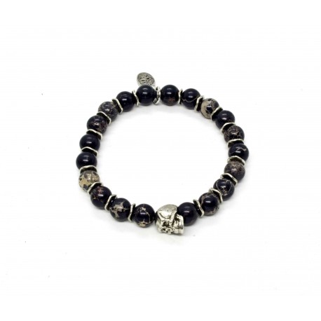 Bracelet jaspe noir, skull étain