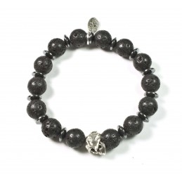 Bracelet Lava Stone and patinated pewter skull