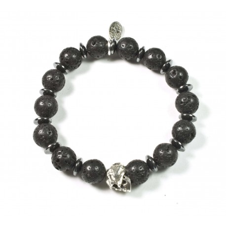 Bracelet Lava Stone and patinated pewter skull