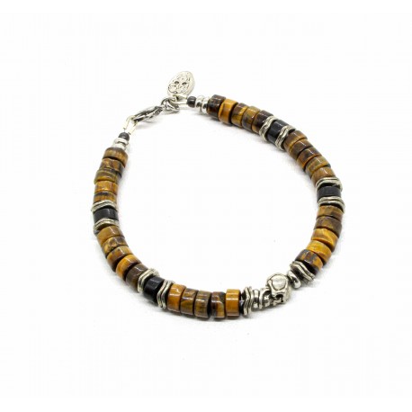 Bracelet Heishi Oeil de Tigre et Skull