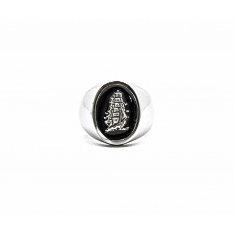 Tattoo Ship black enamel ring